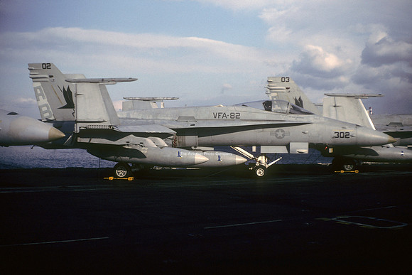 US Navy VFA-82 McDonnell Douglas F/A-18C Hornet 163494/AB-302 on board USS America (1992)