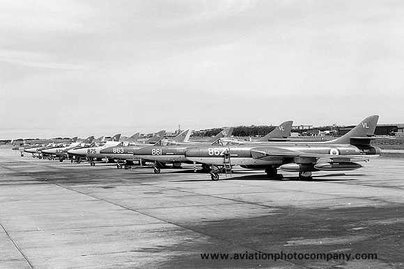 Royal Navy FRADU Hawker Hunter lineup at RAF Lossiemouth (1983)