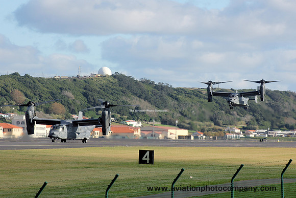 USAF AFSOC Bell-Boeing CV-22B Ospreys 08-0035 and 07-0033 taking off from Lajes (2012)