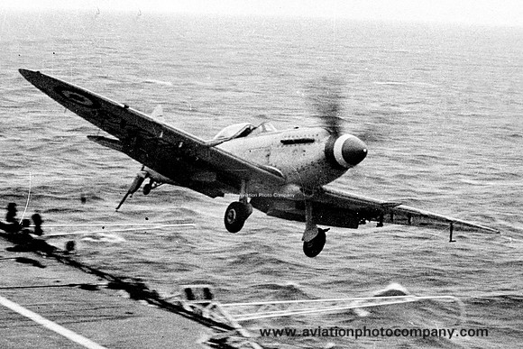 Royal Navy Supermarine Seafire F.17 SX288 over HMS Illustrious