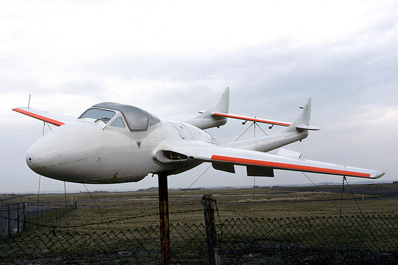 RAF De Havilland Vampire T.11 XD599 displayed at Carnarfon (1989)