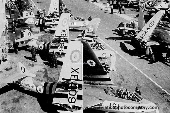 Royal Navy 804 Squadron AWA Sea Hawk FGA.6s on deck of carrier (1957)