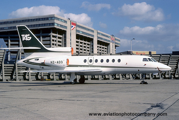 TAG Dassault Falcon 50 HZ-AO3 at London Heathrow (1980)