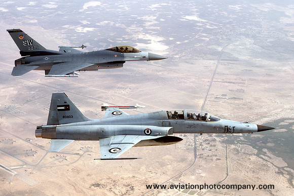 Jordanian Air Force Northrop F-5J 80803 with 20th FW F-16C Air to Air (1987)