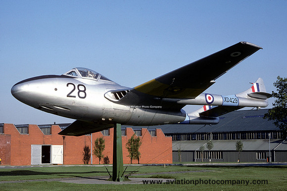 RAF De Havilland Vampire T.11 XD429/28 displayed at RAF Cranwell (1980)