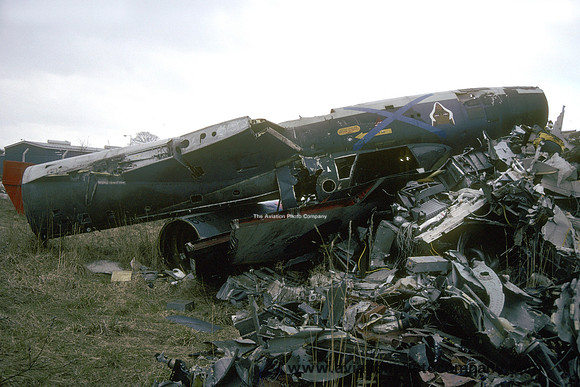 RAF 12 Squadron Hawker Hunter T.7 XL609 in a scrapyard in Elgin (1994)