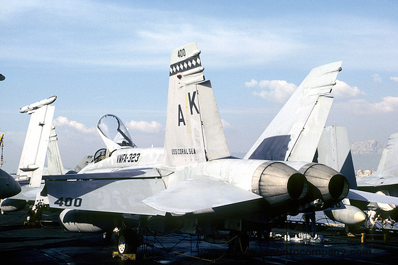US Marines VMFA-323 McDonnell Douglas F/A-18A Hornet 162407/AK-400 on board USS Coral Sea (1985)