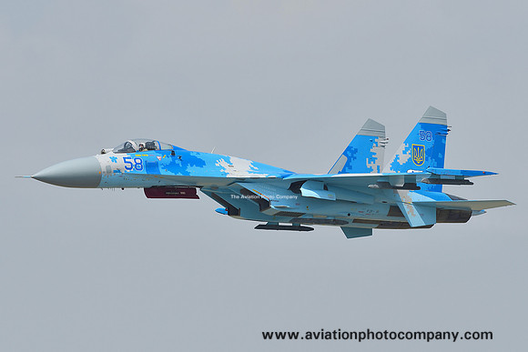 Ukrainian Air Force Sukhoi Su-27 58 blue at the Bucharest International Air Show (2016)