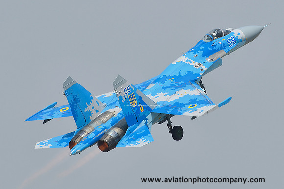 Ukrainian Air Force Sukhoi Su-27 58 blue at the Bucharest International Air Show (2016)