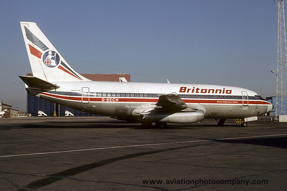 Britannia Airways Boeing 737-200 G-BECH at Luton (1985)