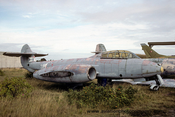 Danish Air Force Gloster Meteor T.7 265 in use as decoy at Karup (1990)