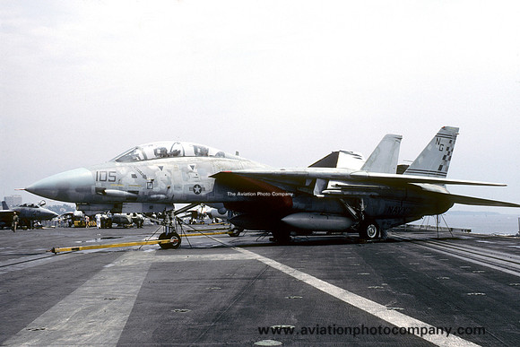US Navy VF-211 Grumman F-14A Tomcat 159620/NG-105 on board USS Kitty Hawk (1987)