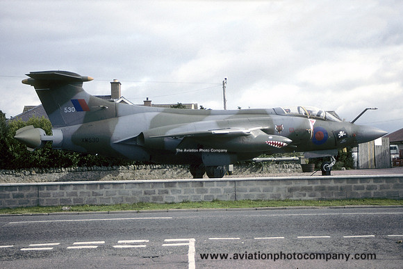 RAF Blackburn Buccaneer S.2 XW530 displayed at petrol station in Elgin (1997)