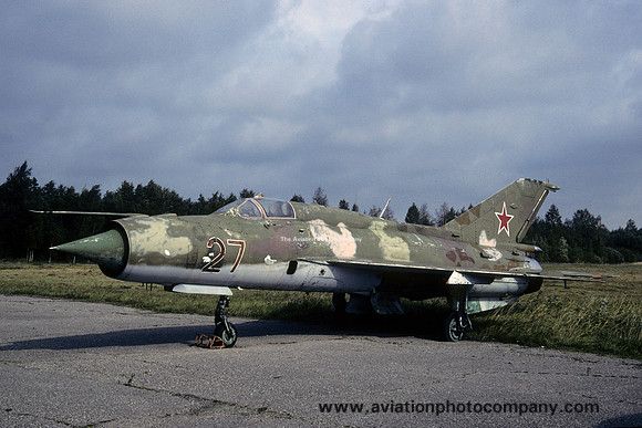 Soviet Air Force Mikoyan MiG-21SPS 27 red displayed at Liepaja (2003)
