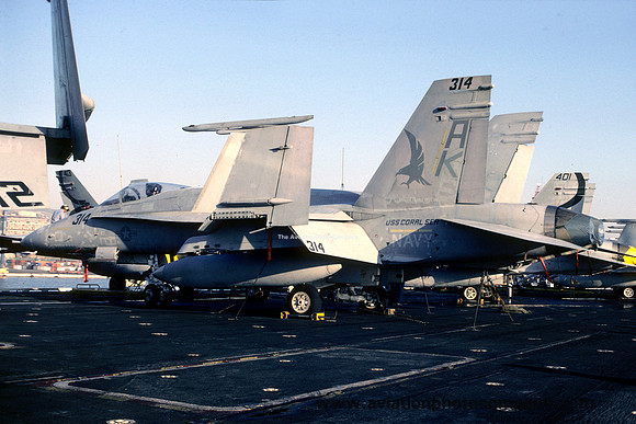 US Navy VFA-136 McDonnell Douglas F/A-18A Hornet 162867/AK-314 on board USS Coral Sea (1987)