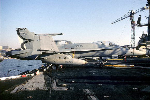 US Navy VFA-137 McDonnell Douglas F/A-18A Hornet 162841/AK-400 on board USS Coral Sea (1987)