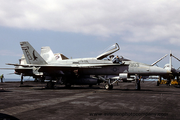 US Navy VFA-136 McDonnell Douglas F/A-18A Hornet 162849/AG-303 on board USS Dwight D Eisenhower (1990)