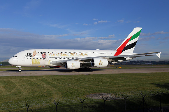 Emirates Airline Airbus A380-842 A6-EUV at Manchester (2018)