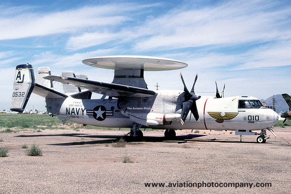 US Navy VAW-112 Grumman E-2B Hawkeye 150532/AJ-010 at MASDC Davis Monthan (1980)