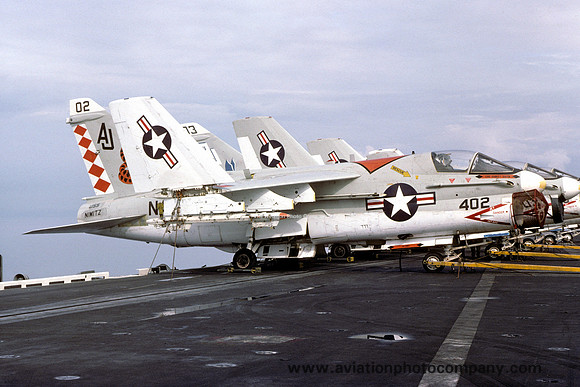 US Navy VA-86 LTV A-7E Corsair "AJ-402" on board USS Nimitz (1975)