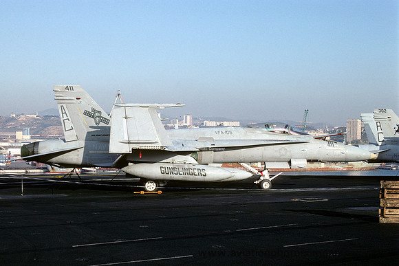 US Navy VFA-105 McDonnell Douglas F/A-18C Hornet 164236/AC-411 on board USS John F Kennedy (1992)