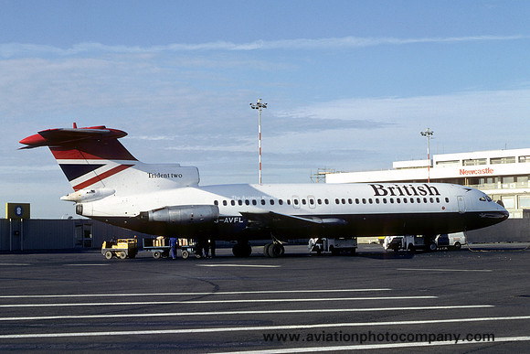 British Airways Hawker Siddeley HS.121 Trident 2E G-AVFL at Newcastle (1980)