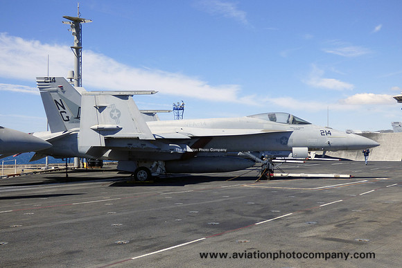 US Navy VFA-14 McDonnell Douglas F/A-18E Super Hornet 168468/NG-214 on board USS John C Stennis in Marseilles Harbour (2019)
