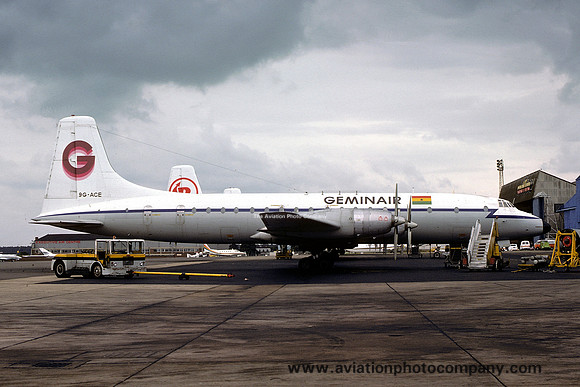 Geminair Bristol Britannia 9G-ACE at Luton (1977)
