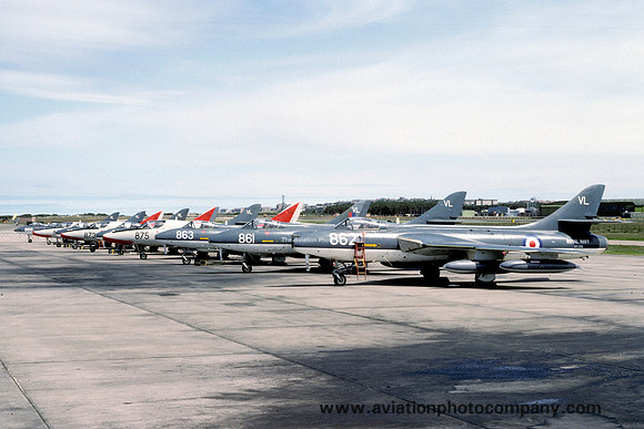 Royal Navy FRADU Hawker Hunter GA.11 lineup at RAF Lossiemouth (1983)