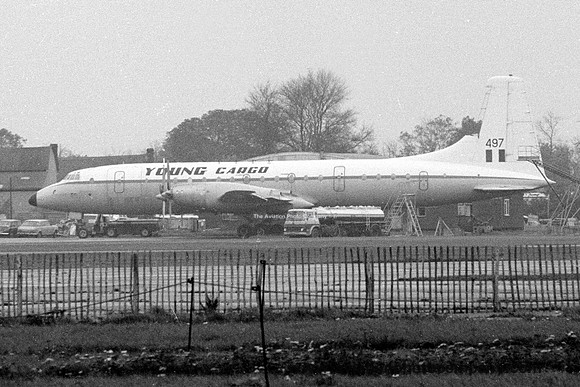 Young Cargo Bristol Britannia ex XM497 at Stansted (1976)