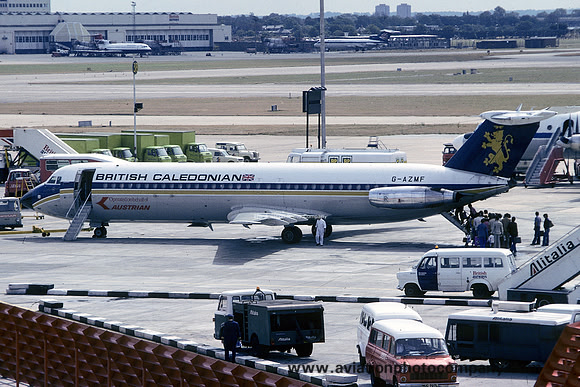 British Caledonian Airways/Austrian Airlines BAC 111-530 G-AZMF at Heathrow (1975)