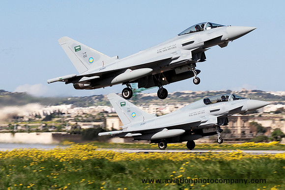 Royal Saudi Air Force BAE Typhoons 1010 and 1012 on delivery at Malta Luqa (2014)